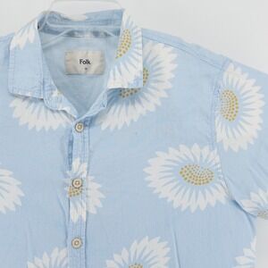 Folk Mens M Linen Blend Short Sleeve Button Down Shirt Blue Floral Print Summer